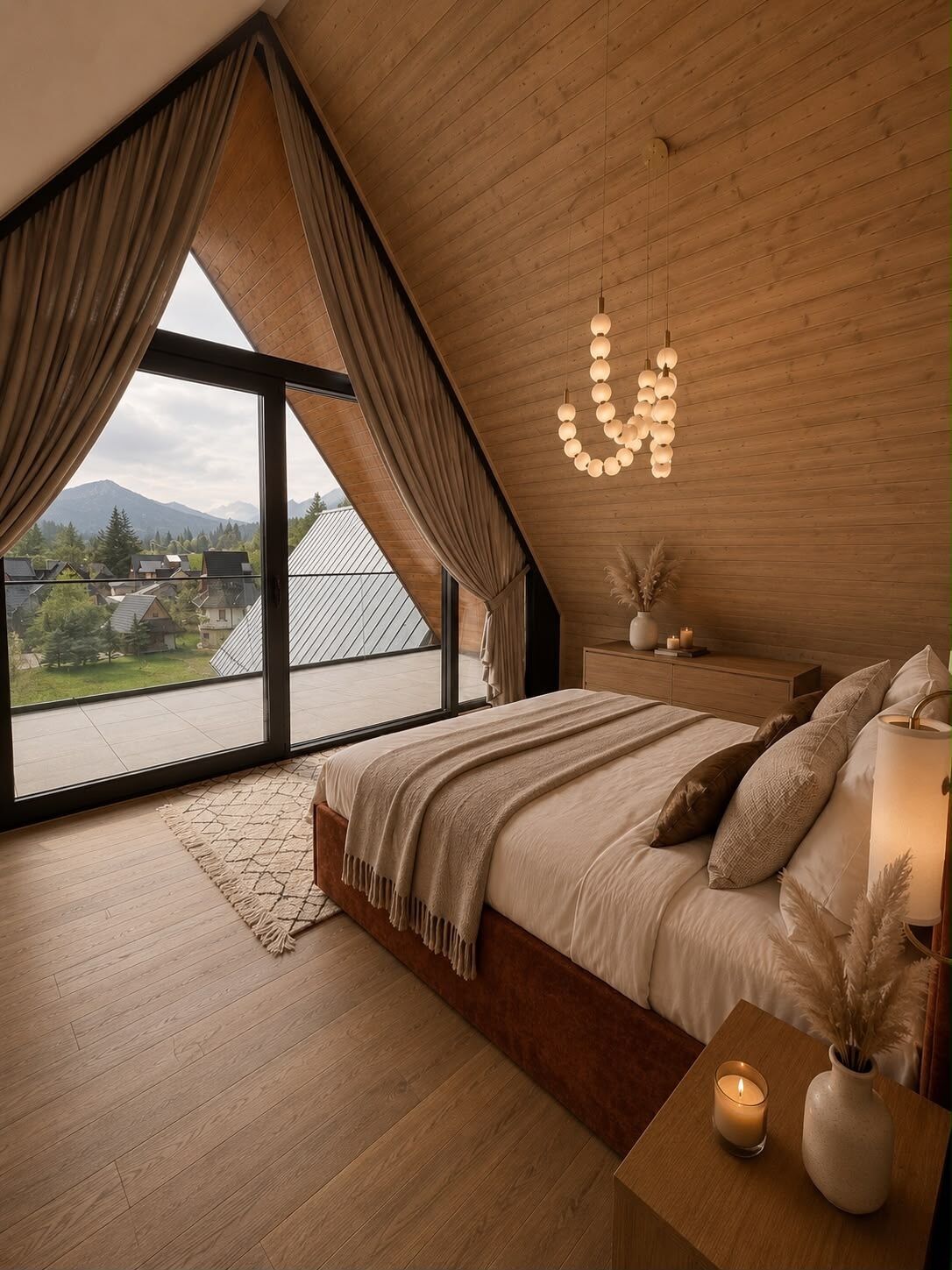 Un dormitorio con un ventanal grande, techo de madera y una cama con mesita de noche.