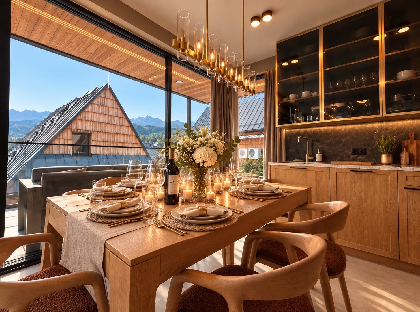 A dining area with a wooden table set for a meal, a chandelier, and a view of mountains through large windows.