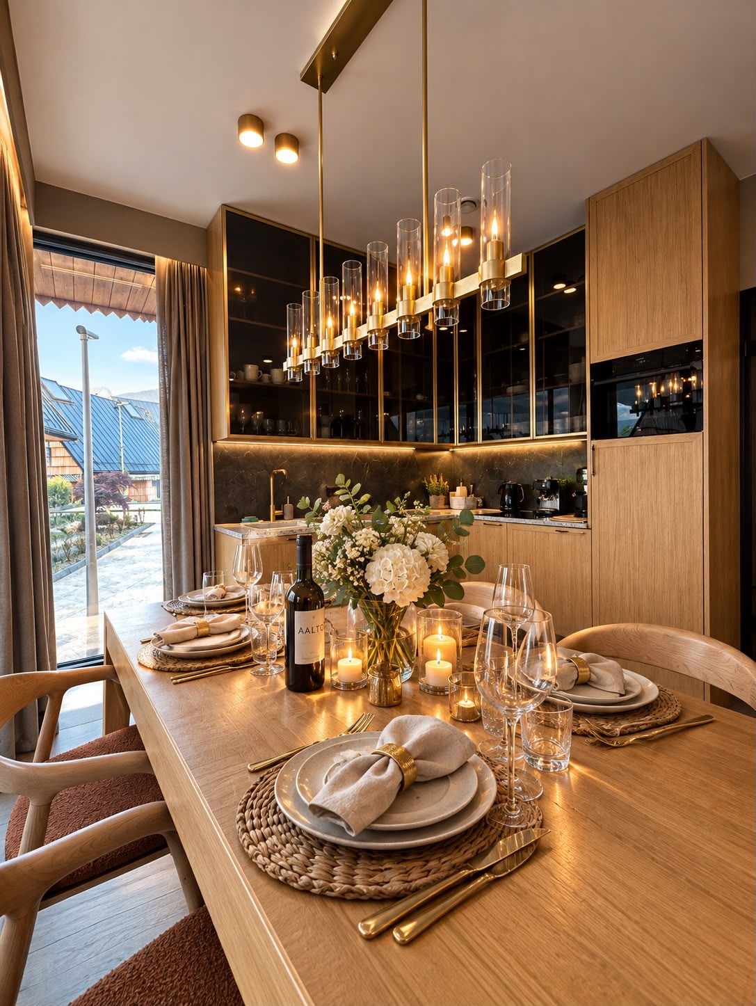 A dining area with a long table set for a meal, a bottle of wine, candles, and a vase of flowers.