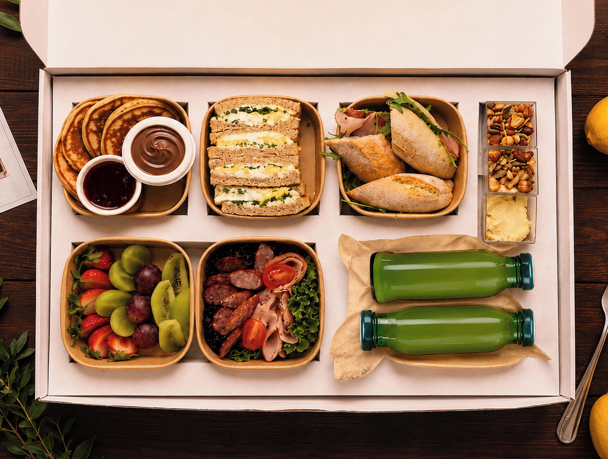 A meal box with pancakes, sandwiches, a fruit bowl, a salad, and two green bottles.