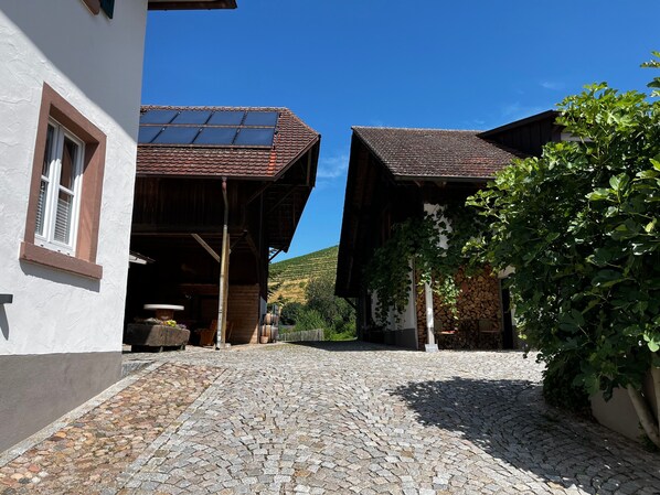 Eine Kopfsteinpflasterstraße führt zu einem Gebäude mit geneigtem Dach und Solaranlage.