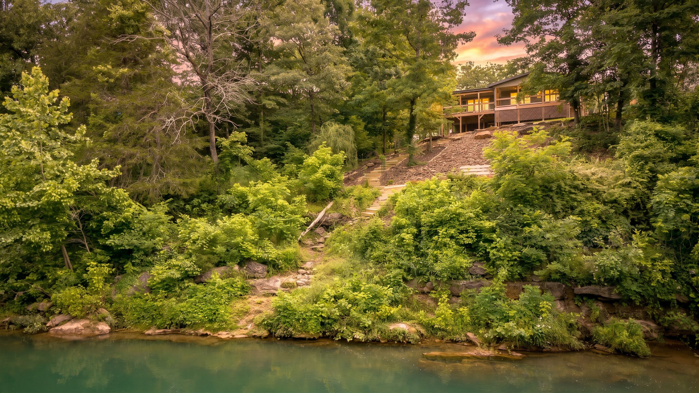 Ein Haus mit Terrasse, umgeben von dichtem Wald und einem Fluss.