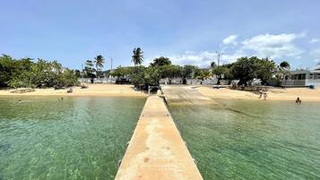 A beach with clear water, a concrete walkway, and palm trees.