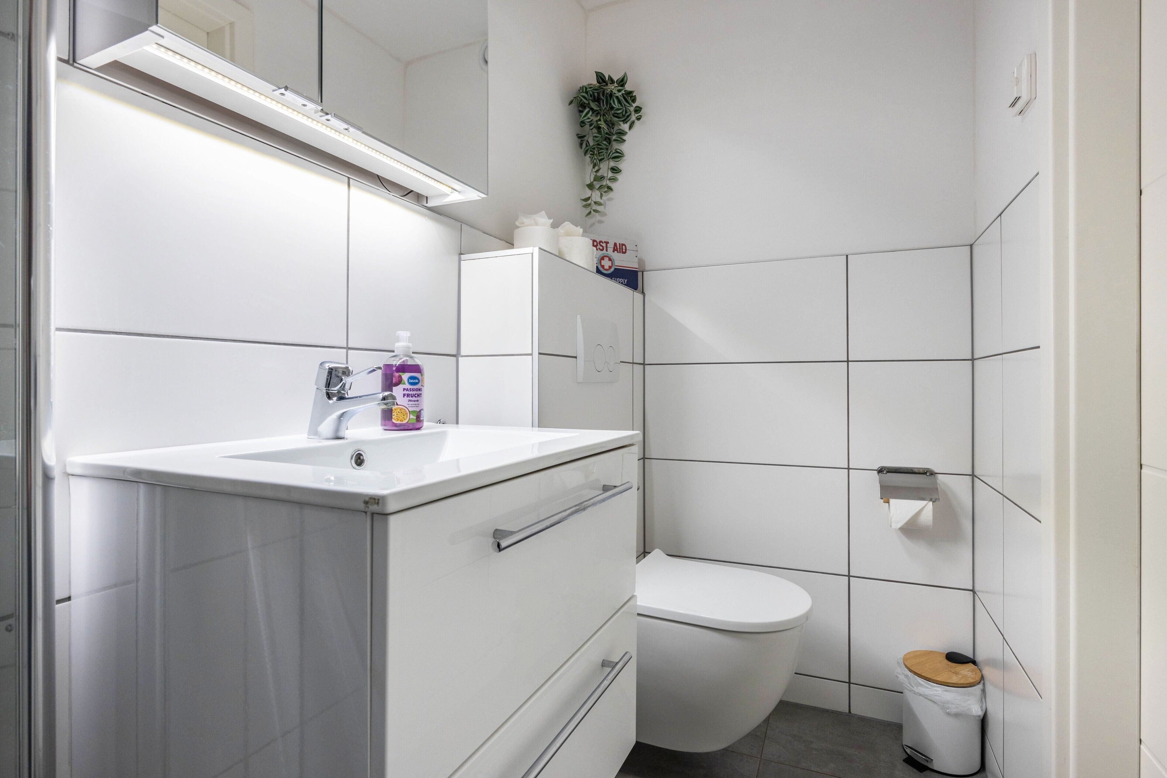 A modern bathroom with a white sink, a toilet, and a trash bin.