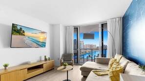 Living Room - Waterway Balcony · 2BR Near Beach & Dining (Hallandale Beach)