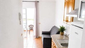 Une cuisine compacte équipée d’un réfrigérateur, d’une cuisinière et d’un évier. On y trouve un canapé gris et une petite table avec une plante. Une porte donne accès à un espace extérieur où se trouve une chaise.