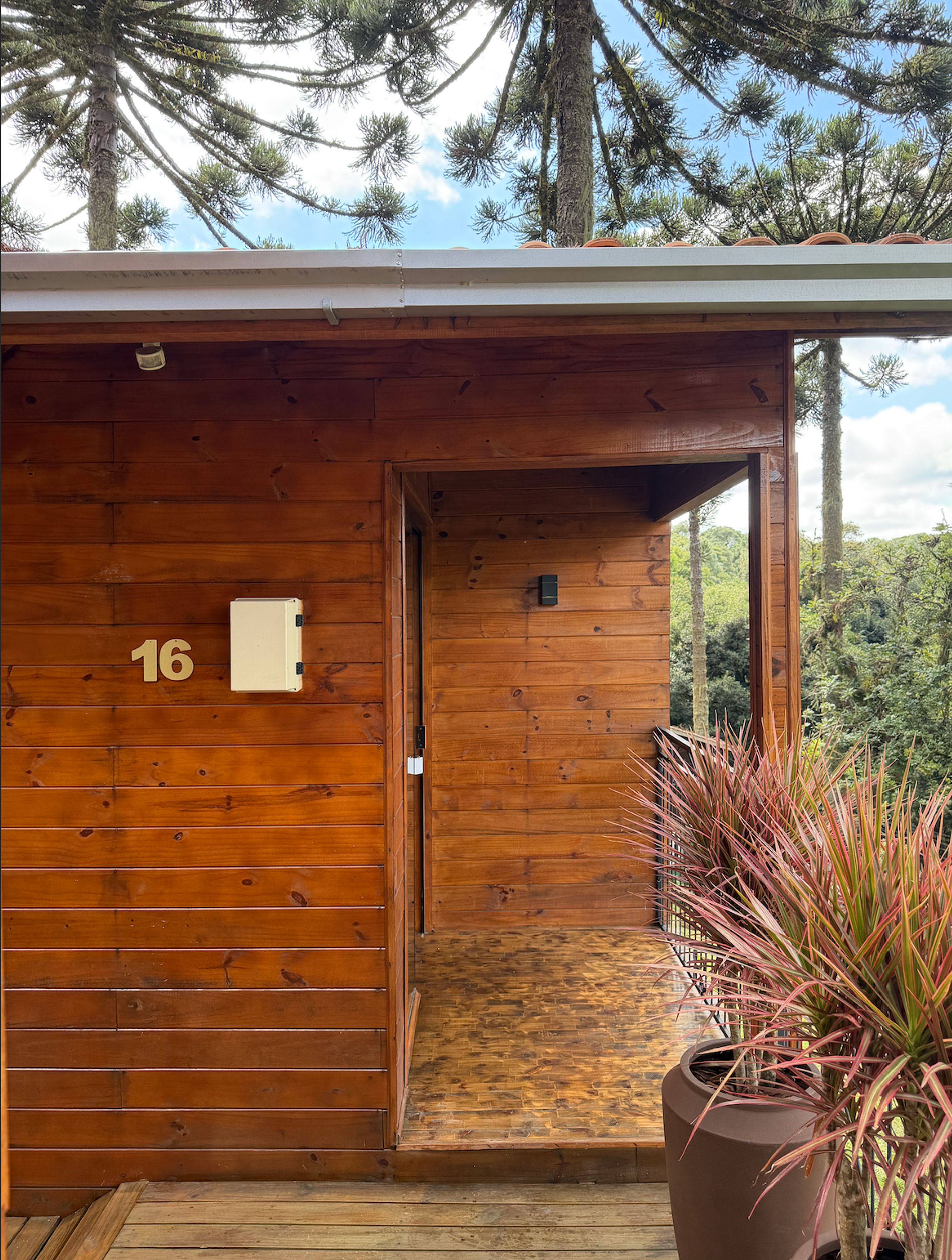 A wooden cabin with a number '16' on the door, a small porch, and a potted plant.