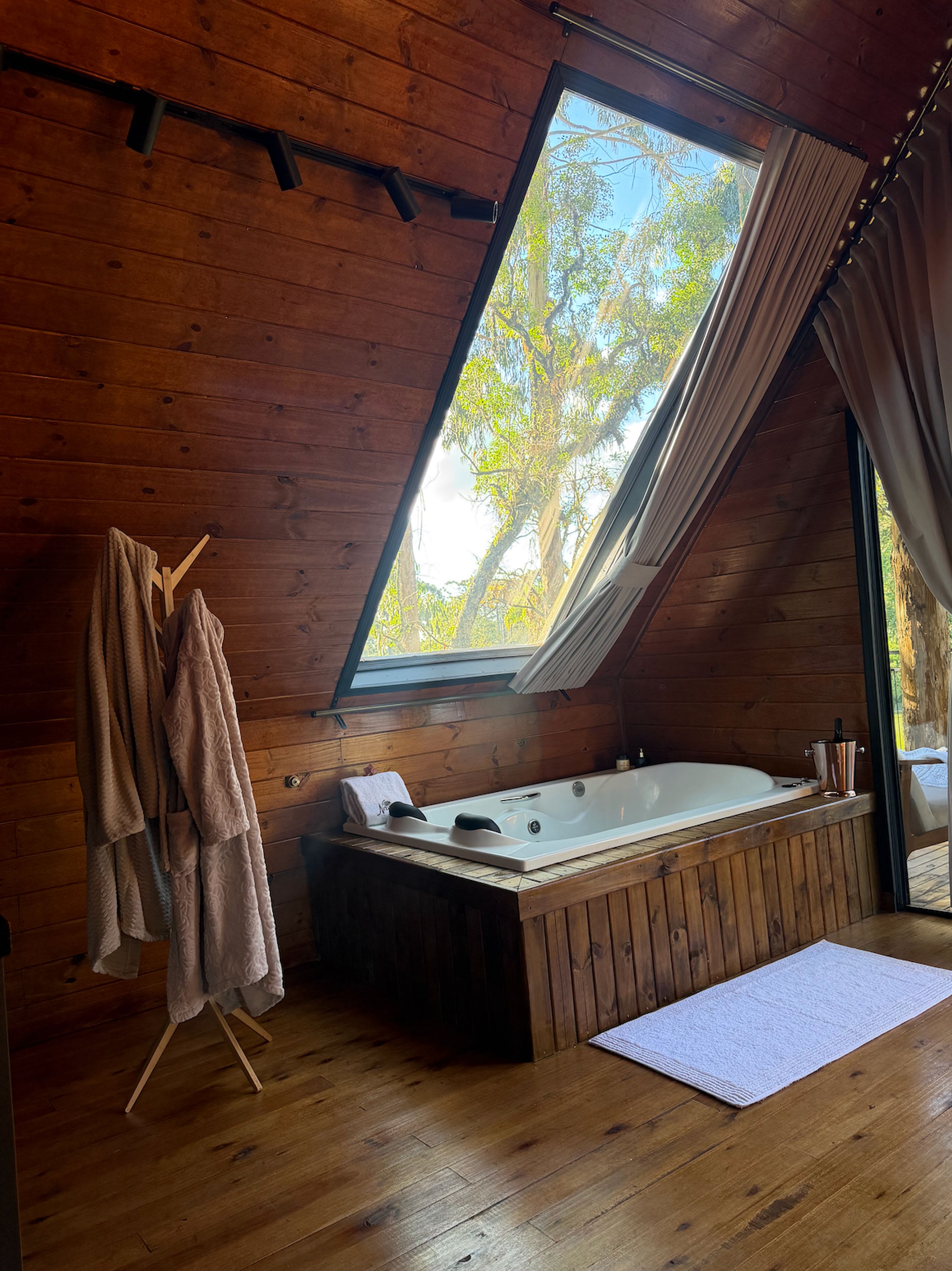 Una cabaña de madera con tragaluz, bañera y un perchero.