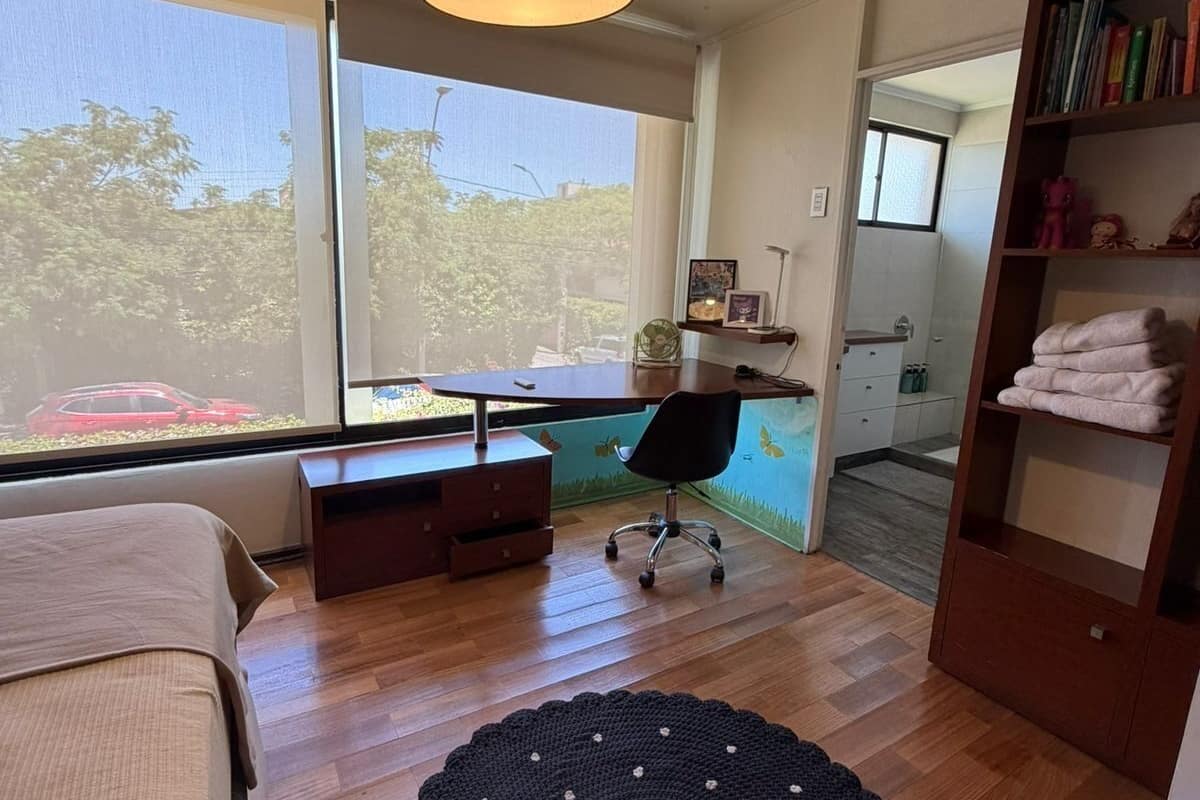 A modern bedroom with a large window, a desk, a chair, a bookshelf, and a decorative rug.
