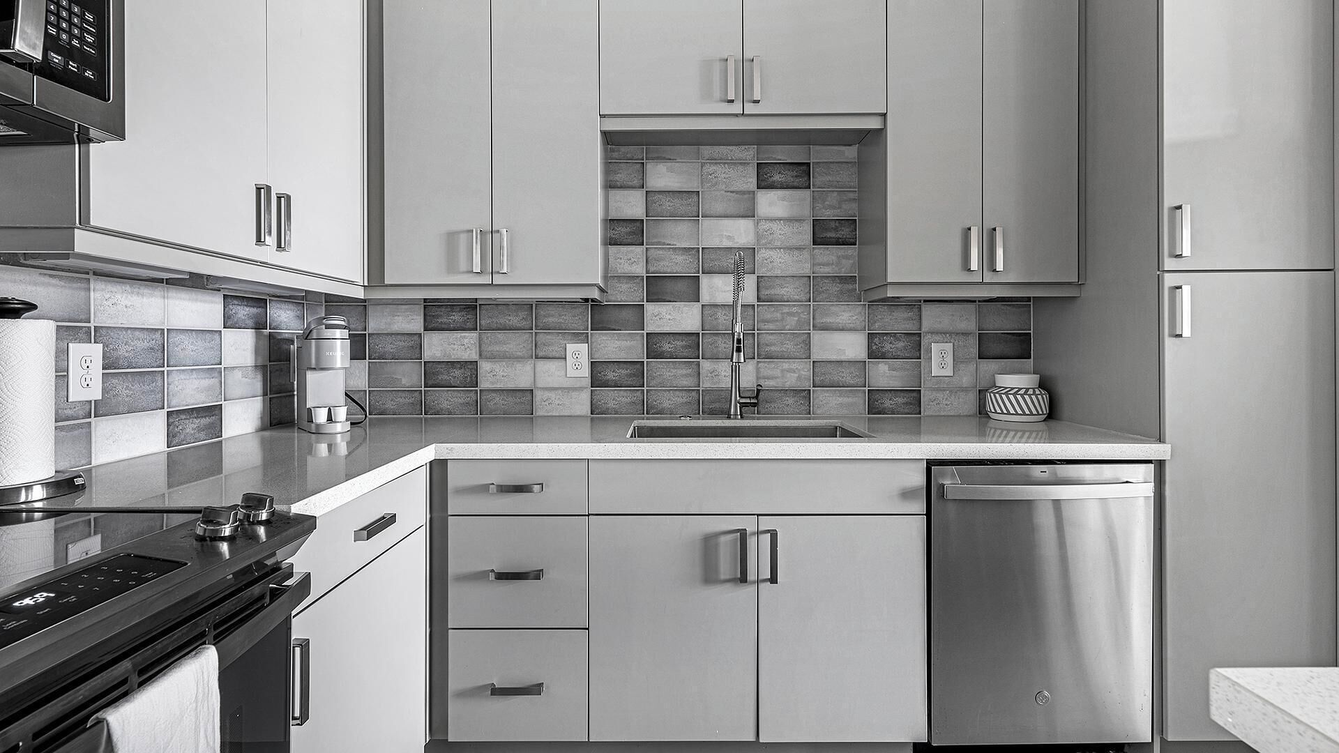 A modern kitchen with stainless steel appliances, a tiled backsplash, and a dishwasher.