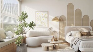 A modern bedroom with a bed, bedside tables, a potted plant, a round rug, and a window with blinds. - Là Home - Stay Cozy, Stay Home Phú Mỹ Hưng (Ho Chi Minh City)