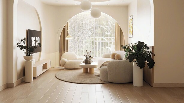 A modern living room with a round coffee table, a sofa, and a large window with a view of trees. - Là Home - Stay Cozy, Stay Home Phú Mỹ Hưng (Ho Chi Minh City)