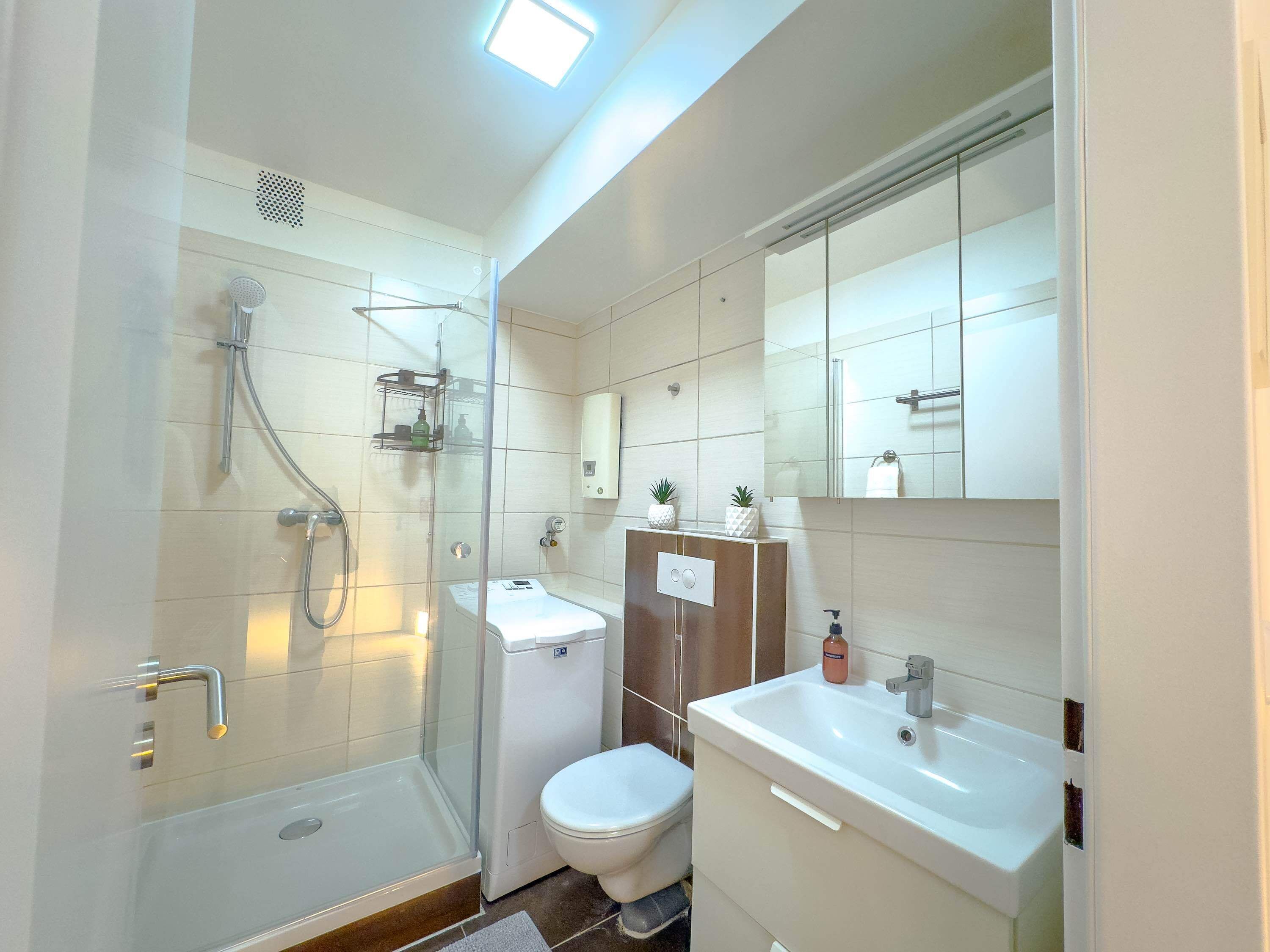 A modern bathroom with a glass-enclosed shower, a toilet, a sink, and a mirror.