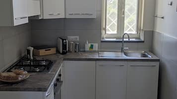 Fridge, oven, stovetop, coffee/tea maker