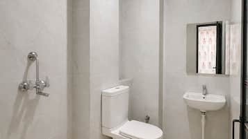 Shower, free toiletries, towels, soap