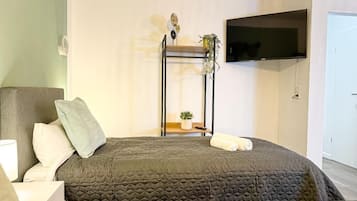 Un dormitorio con una cama, almohadas, una mesita de noche, un televisor montado y una planta sobre una estantería.