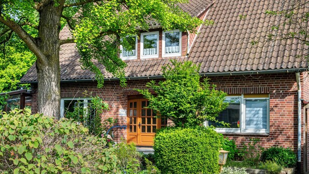A brick house with a tiled roof, a wooden door, and a garden with various plants and a tree.