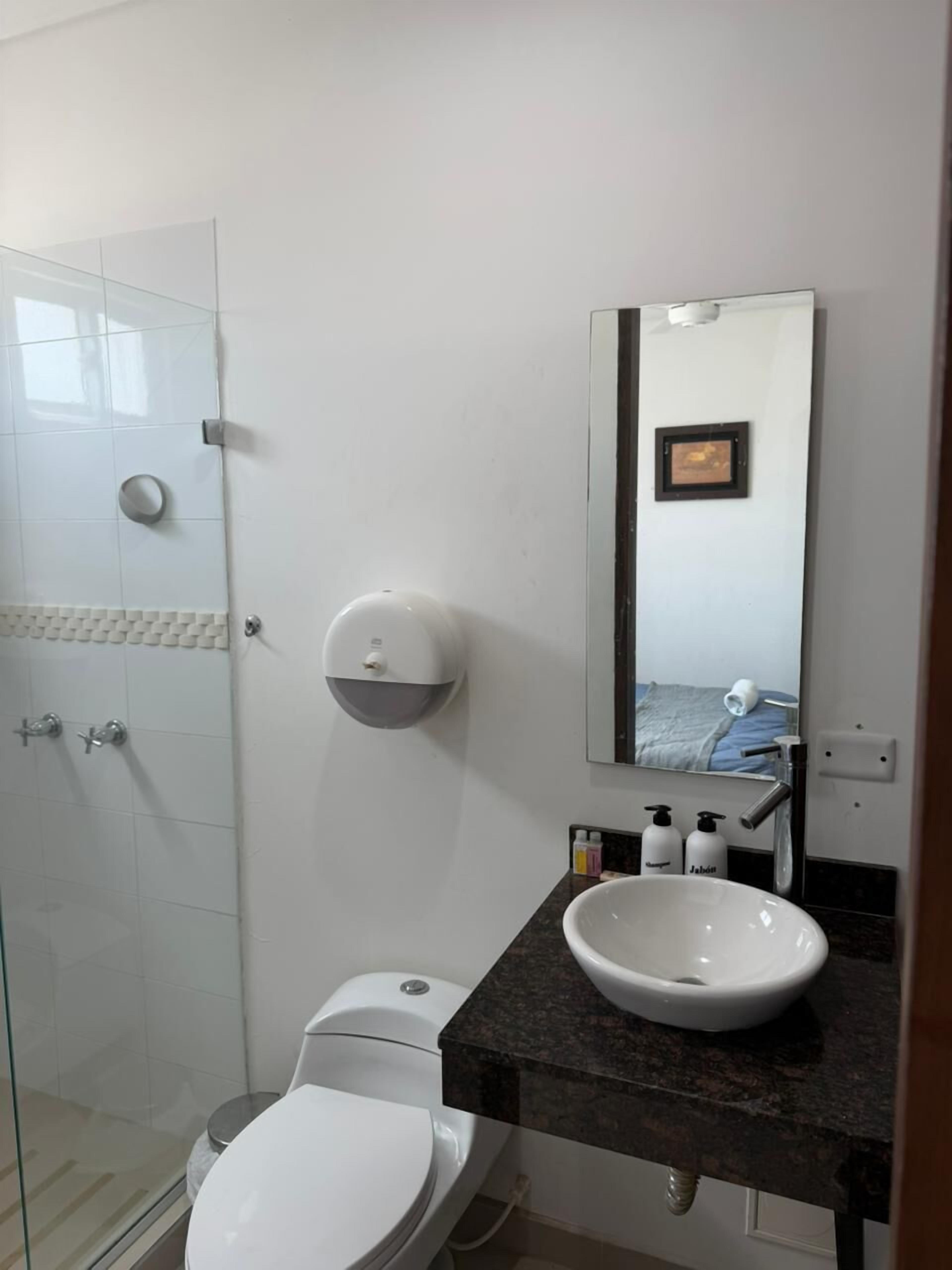 Un bagno con box doccia in vetro, un water bianco, un lavabo con specchio e articoli da toilette sul piano.
