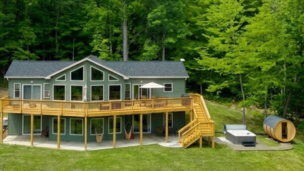 A two-story house with a deck, a staircase, and a large barrel.