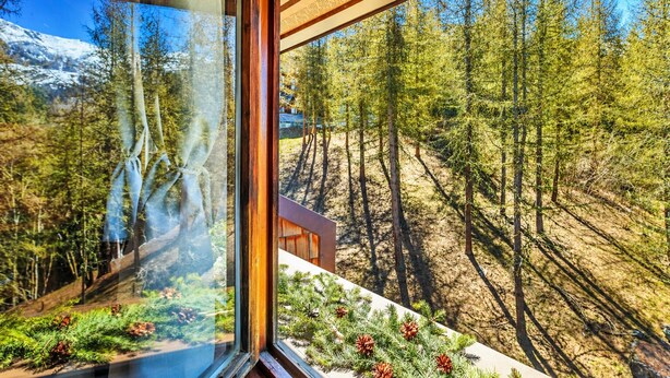 A window view of a forested area with a cabin visible in the distance. - Petit Chalet Pila (Pila)