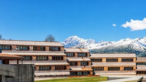 A multi-story wooden building with a mountain backdrop. - Petit Chalet Pila (Pila)