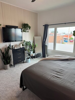 A modern bedroom with a large bed, a flat-screen TV, a dresser, and several potted plants.