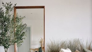 Una habitación con un espejo grande, una planta en maceta, una mesita con velas y un sofá con almohadones.