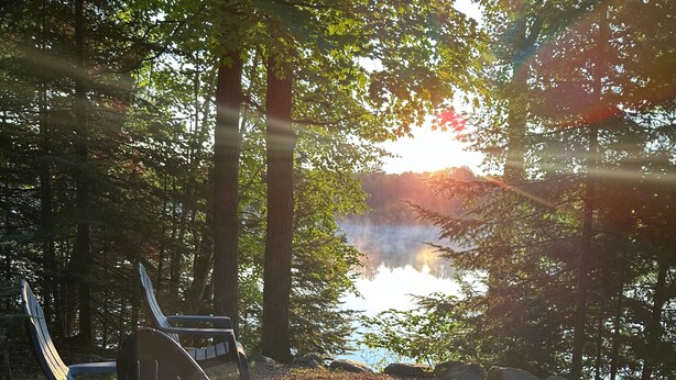A serene outdoor seating area with wooden benches and a picnic table, surrounded by trees and a view of a lake. - Cozy 1-bedroom log cabin in beautiful Manitowish Waters/Winchester (Manitowish Waters)