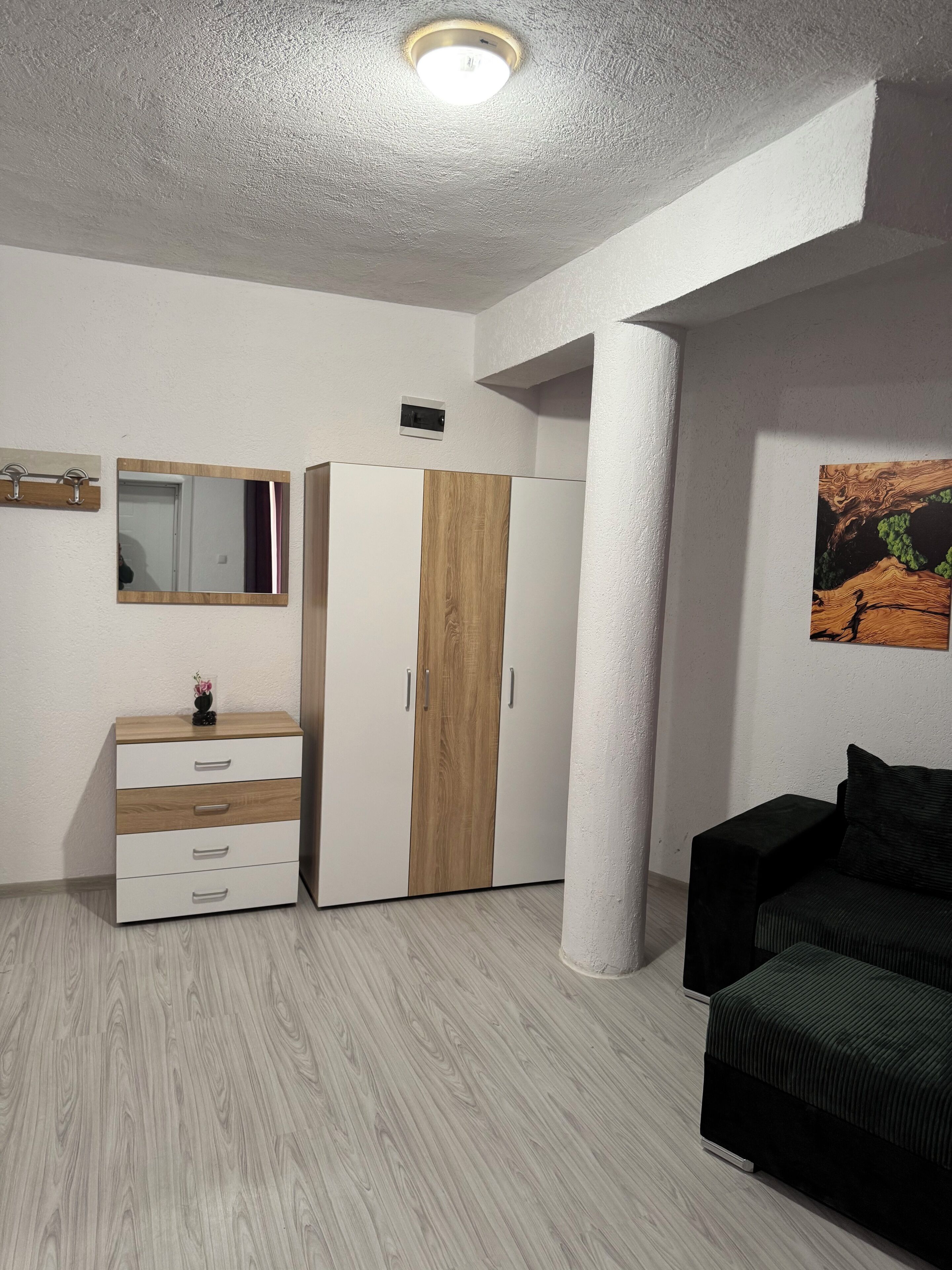 A room with a wardrobe, a mirror, a bed, and a painting on the wall.