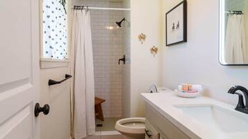Shower, hair dryer, towels, soap