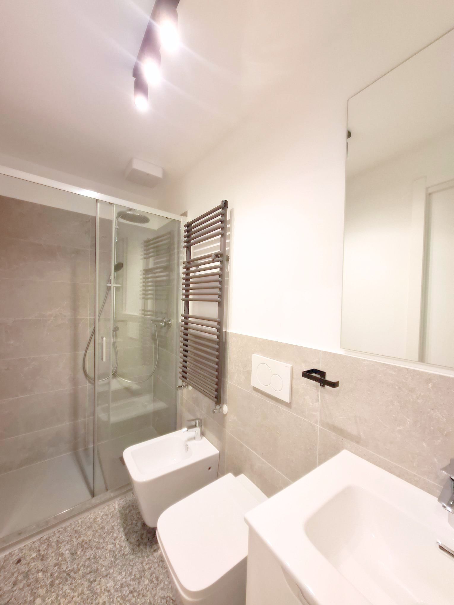 A modern bathroom with a glass shower enclosure, a toilet, a sink, and a towel rack.