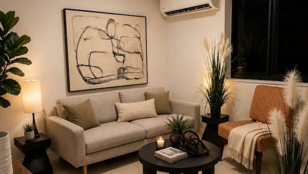 Ein Wohnzimmer mit einer Couch, einem Couchtisch, einer Lampe und einem Bild an der Wand.