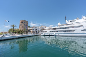 Un puerto deportivo con un gran yate llamado 'Lady Haya', una torre histórica y un hotel llamado 'Hotel Riviera'.