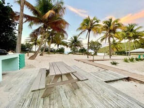 A wooden deck with a picnic table, palm trees, and a beach in the background. - Villa 11 Flamenco Beachfront Villa (Flamenco)