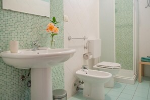 Chuveiro, secador de cabelo, toalhas de banho 