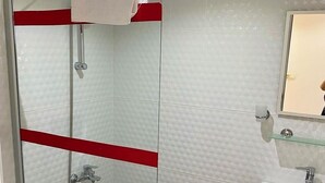 Une salle de bain avec une douche à parois de verre, un lavabo blanc et un miroir.