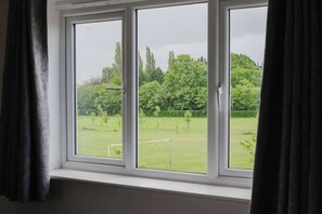 Ein Fenster mit Blick auf ein grünes Feld und Bäume.