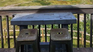 Eine Holzterrasse mit zwei Hockern, mit Blick auf eine grüne Landschaft, einen kleinen Teich und sanfte Hügel in der Ferne.