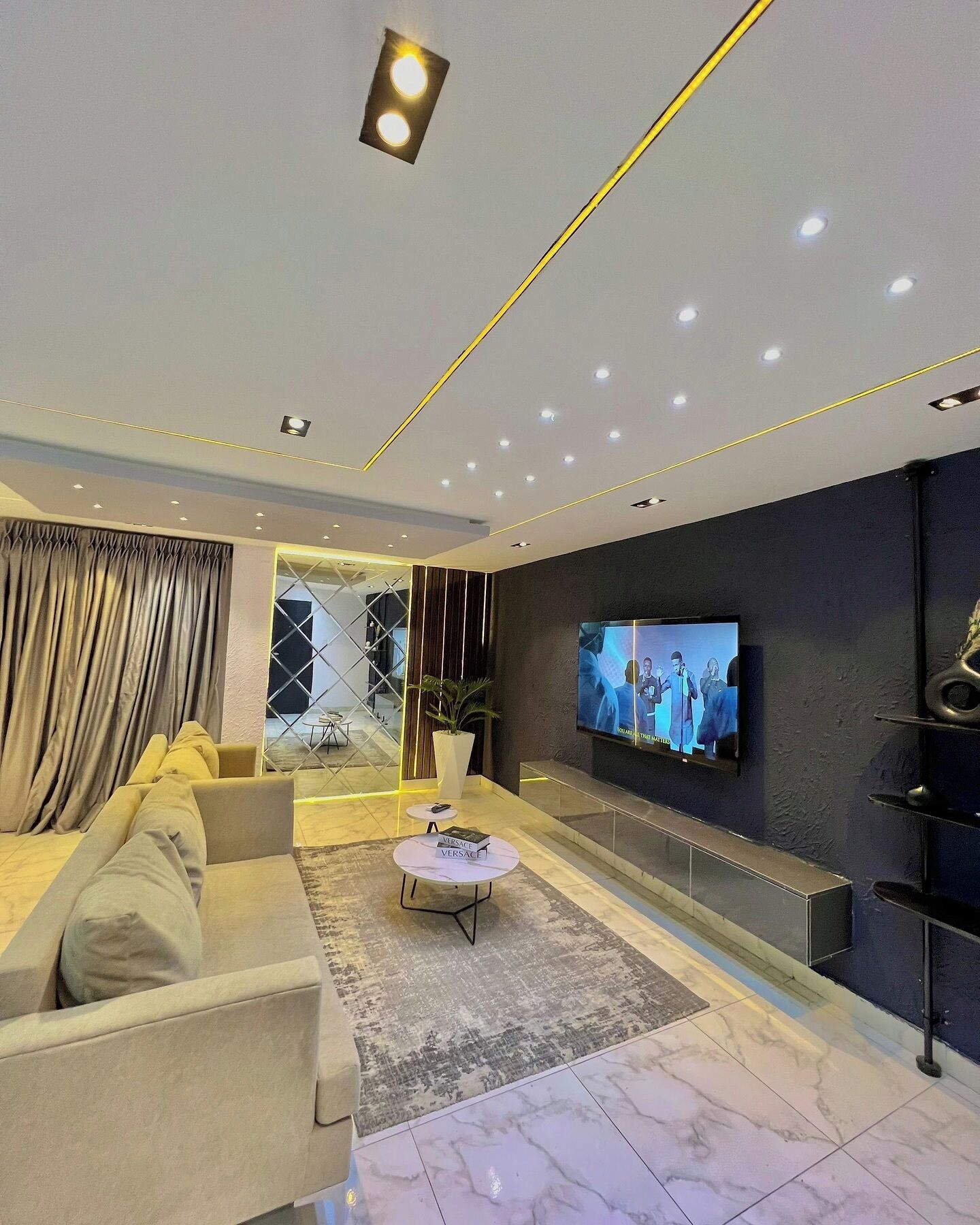 A modern living room with a sofa, a coffee table, a TV, and a decorative plant.