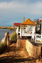 Alojamiento junto al río con una terraza de madera, una estructura de techo de paja y una cama con almohadas de colores.