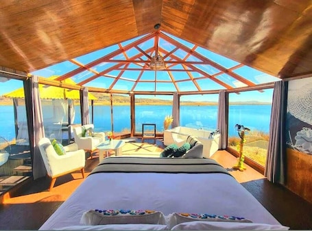 A bedroom with a large bed, a glass ceiling, and a view of the sea.