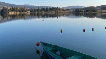 A calm lake with a green boat docked at the edge, surrounded by trees and distant mountains.