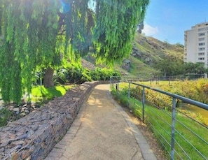 A pathway with a stone wall on one side and a metal railing on the other, leading to a grassy area with trees. - Luxurious Green Riverside Loft Apartment (Cape Town)
