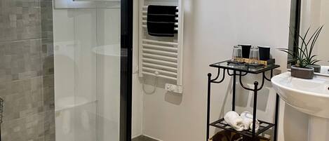 Shower, hair dryer, towels, toilet paper