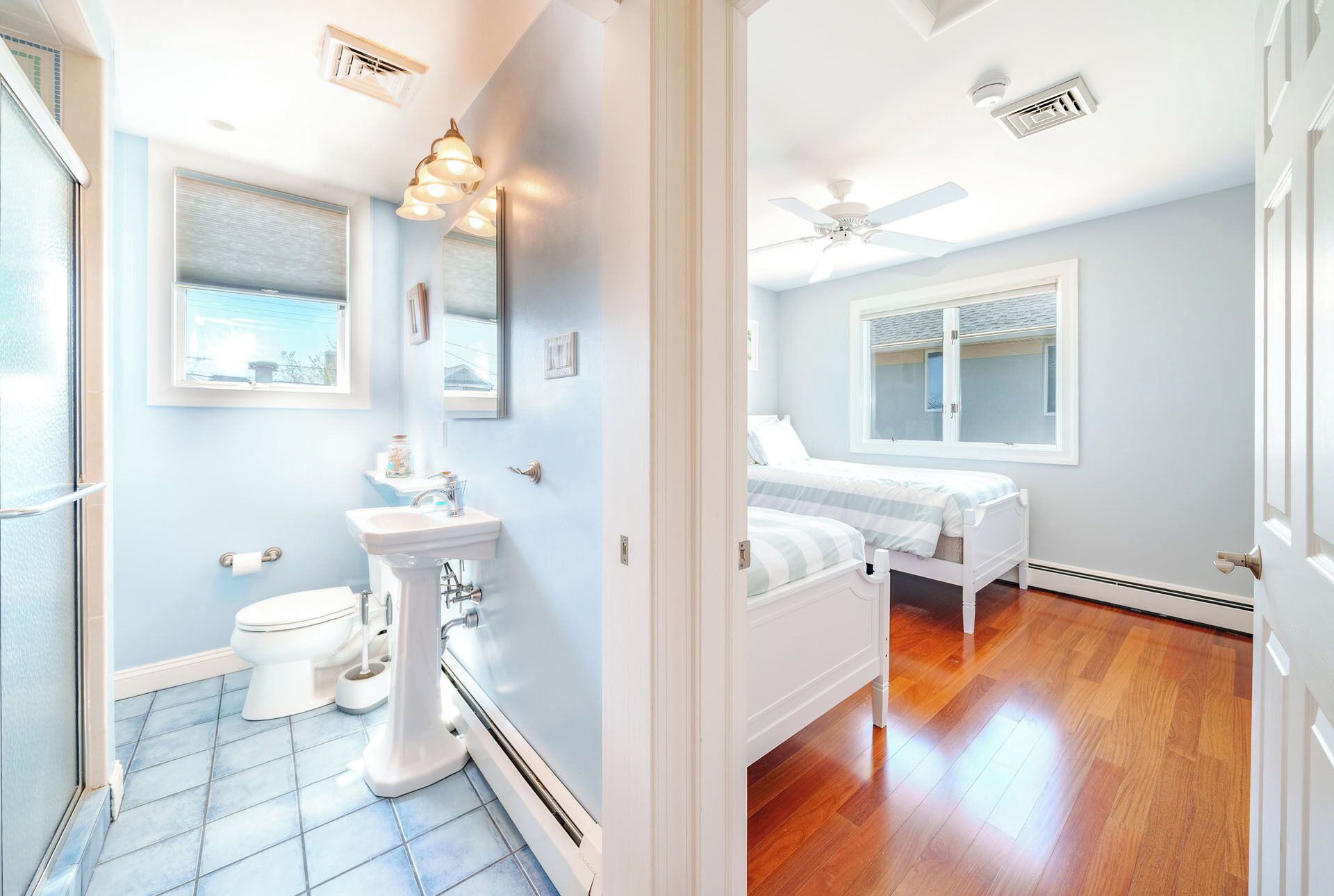 Shower, hair dryer, soap, toilet paper