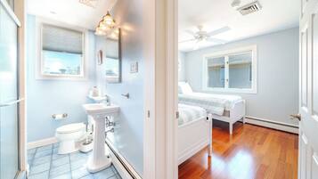 Shower, hair dryer, soap, toilet paper