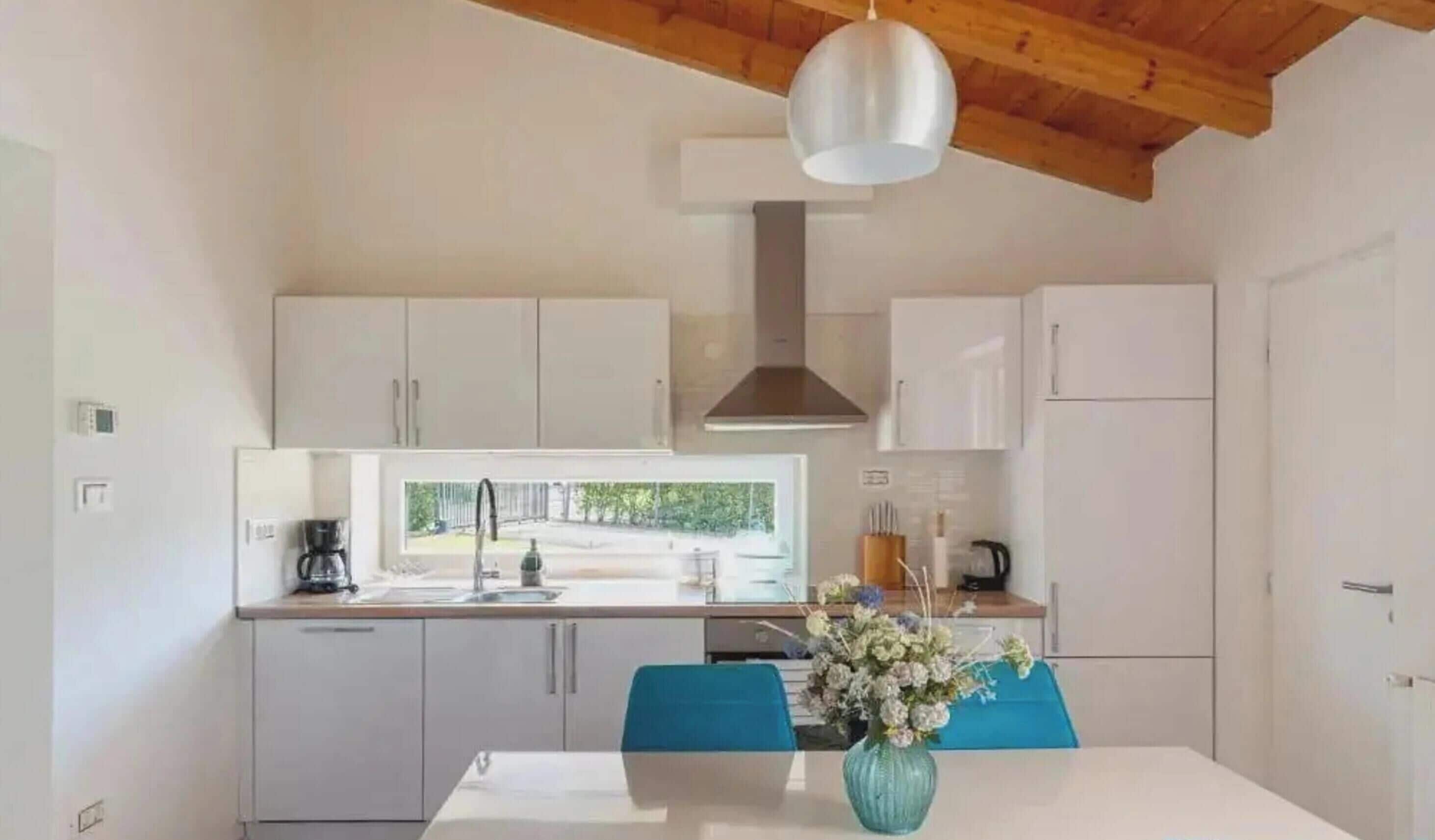 A modern kitchen with white cabinets, a central island, and a view of a street through the window.