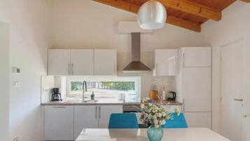 A modern kitchen with white cabinets, a central island, and a view of a street through the window.