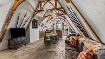 TV, fireplace, books