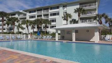 Outdoor pool, pool umbrellas, pool loungers